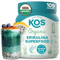 KOS Organic Spirulina Powder - USDA Certified Organic, 109 Servings of Superfood Powder for Smoothies & Juices, Não-Irradiated Blue Green Algas, Planta com base em antioxidantes, Vegan (13,5 onças)