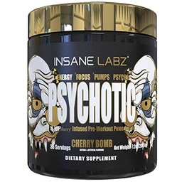 Loucura Labz Psychotic Gold, Pó pré-treino alto estimulante, Extrema duração foco de energia, bombas e resistência com Beta Alanine, DMAE Bitartrate, NO Booster (35 Servings, Cherry Bomb)