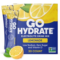 GoHydrate Eletrólitos de sódio baixo em pó Pacotes de açúcar grátis - Mistura de bebida diária de hidratação instantânea - Zero açúcar sabor de água Pacote singles com vitamina D - (Lemonade, 30 pacotes)
