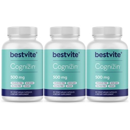 BESTVITE Cognizin Citicoline 500mg (180 Cápsulas vegetarianas) (60x3) - Clinicamente Estudado Premium Choline Nootropic - Sem Stearates - Vegan - Sem glúten - Suplementos cerebrais para memória e foco