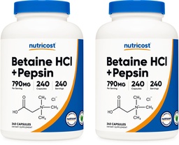 Nutricost Betaine HCl + Pepsin 790mg, 240 cápsulas, 2 frascos (480 cápsulas)