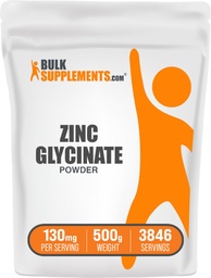 BulkSuplementos.com Glicenato de zinco em pó - Suplemento de zinco, Suplemento Mineral para Suporte Imune - Gluten Free, 130mg por serviço, 500g (1.1 lbs) (Pacote de 1)