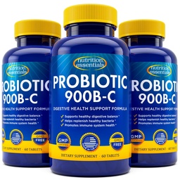 Nutrition Essentials Probióticos para Mulheres e Homens com Enzima de Lactase Natural & Fibra Prebiótica para Saúde Digestiva - 80% + Suplemento Mais Forte para Apoio à Saúde Gut - 3 Contagem de 60 Comprimidos