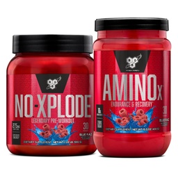 BSN Pacote de treino de NO XPLODE Pré treino em pó Raz azul, 30 Servings AMINO X Muscle Recovery Intra Workout Support, Caffeine Free Blue Raz, 30 Servings