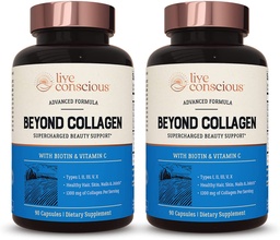 Live Conscious Beyond Collagen Multi Colágeno Cápsulas - Tipos I, II, III, V & X .; Mistura Hidrolisada com Biotina e Vitamina C para Cabelo, Pele, Pregos 90 Cápsulas (2-Pack)
