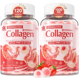 2Pack açúcar-livre hidrolisado Colágeno Peptídio pastilhas cheias para mulheres e homens, com 1500mg proteína tipo I, II, III, V, X, 5000mcg Biotina Vitamina C A E D3 B6 B12 para a digestão imune unhas de cabelo, osso