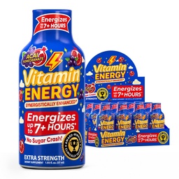 Vitamina Energia B12 11.000% Força extra Energia Shot Açaí Romã 12 Pack, 260mg Cafeína Natural, B12 & B6, Foco Nootrópico, Vitalidade, Açúcar Zero, Sem glúten, Vegan, Kosher, 1,93 fl oz