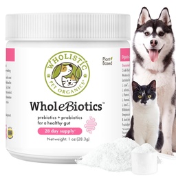 Wholistic Pet Organics WholeBiotics - Dog Probióticos Digestive Health Support & Imune Boost - 9 Strains - Prebióticos & Probióticos para cães & gatos - Gut Saúde para cães - 1 Oz - 28 Scoops
