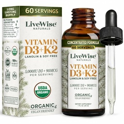 Live Wise Naturals Vegan D3 K2 Vitamina 5000 UI, 90 MCG (MK-7) Drops - 60 Servings, Formulação ultra concentrada e Absorção Rápida - Dropper Micro-Doseamento Precisão para Suporte Cognitivo e Imune