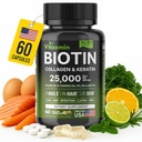 Biotina 10000mcg com colagénio queratina Ácido hialurónico - Vitaminas do crescimento do cabelo para mulheres e homens - Pele e unhas Vitaminas com complexo B - 60 Cápsulas