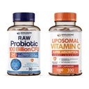 Probióticos orgânicos de bem-estar saudável 100 bilhões UFC, Dr Formulado para mulheres e homens + Cápsulas lipossómicas de vitamina C (200 comprimidos 1500mg tampão)