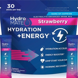 HydroMATE Eletrolíticos Pó Drink Mix Packets Hydration Accelerator Baixo açúcar rápido partido alívio recuperação Vitamina C Plus Caffeine Strawberry 30 contagem