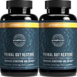 Pacote Primal Harvest 2 , Restaurar para a saúde da gut , Gut Primal Restaurar w/POSTbióticos , PREbióticos e PRObióticos para mulheres e homens , 60 CT - Digestion , Colon Cleanse , Ajuda Leaky Gut Reparar