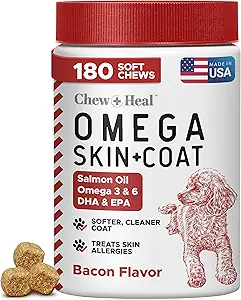 Omega para cães - 180 Delicious Soft Chews - Salmon Oil Treats para pele e casaco, Itch Relief - Fish Oil Mistura de ácidos gordos essenciais, Omega 3, 6 e 9, e Vitaminas - Flavor Bacon fumado