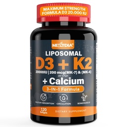 Vitamina D3 20.000 UI + Vitamina K2 (MK7 )200mcg - Optimal Vitamina D3 & K2 Softgel - Ossos e músculos fortes, Absorção de cálcio e suporte imunológico, Ajudando deficiências de vitamina D, Fácil de engolir, Não OGM