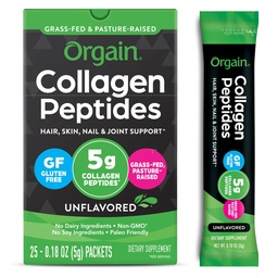 Orgain Hydrolyzed Collagen Peptides Travel Packets Para Mulheres e Homens - 5g Grass Fed Colágeno Por Servir, Cabelo, Pele, Nail & Joint Support Supplement, Não-GMO, Tipo I & III - Sem sabor (25 Contagem)