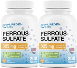 Puregen Labs Sulfato Ferroso 325 mg (65 mg de ferro elementar) Suplemento de ferro de alta potência - Total de 400 comprimidos fabricados nos EUA