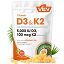 VEV Corefeel Vitamina D3 K2, 5000 UI D3 100mcg K2 (MK 7), 300 Softgels, 2-em-1 Vitamina D & K Suplemento com óleo de coco, suporta absorção de cálcio e saúde óssea, fácil de engolir