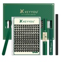 KEYYOU Lash Clusters Kit 144pcs Thick Volume D Curl Eyelash Clusters Lash Extension Kit with Mascara Brush Bond and Seal Glue Remover Applicators and Brush for DIY Lash Extensions (Y02)