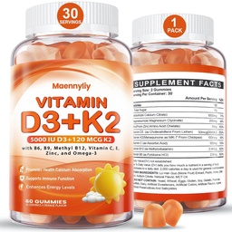 Vitamina D3 K2 Gummies para Adultos - Vitamina D3 5000UI + K2 (MK-7) 120mcg - Suplementos sem açúcar D3 e K2 com Omega-3, Metil B12, B9, B6, Vitaminas E & Zinco - para Absorção de cálcio e Saúde Imune
