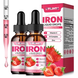 Suplemento de Ferro Líquido para Mulheres Homens & Crianças Gotas de Ferro Multivitamínico com Folato, Vitamina C, B6, B12, Zinco para Anemia, Deficiência de Ferro, Construtor de Sangue, Energia - Natural Morango Flavor, Vegan 4 Fl Oz