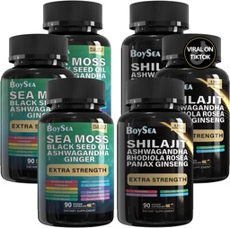 Boysea. Shilajit e Sea Moss Bundle- 90 Conde - Sea Moss, Black Seed Oil, Ashwagandha, Ginger & Shilajit, Rhodiola Rosea, Tudo em 1 Suplementos (3 Pc)