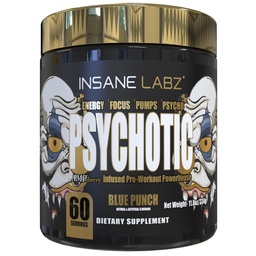 Loucura Labz Psicótico Ouro, Pó pré-treino alto estimulante, Extrema duração de foco de energia, bombas e resistência com Beta Alanine, DMAE Bitartrate, NO Booster (60 Servings, Blue Punch)