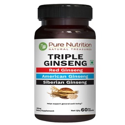 Pure Nutrition Triple Ginseng - uma combinação única e eficaz de Ginseng vermelho, Ginseng americano e Ginseng siberiano. 790mg por cápsula Embalagem de cápsulas de 60 Veg