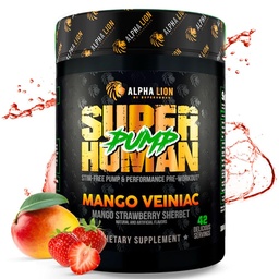 ALPHA LION Bomba sobre-humana Pré-treino em pó, Cafeína Nootrópico e Stim Suplemento pré-treino gratuito, Fortalecedor de óxido nítrico, Gainer muscular, Energia e Foco (42 Servings, Mango Veiniac Flavor)