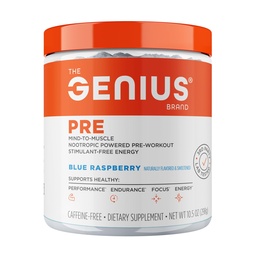 O Genius Brand Genius Pré - Pó de pré-trabalho limpo para energia, Foco e Fitness Support - Sem sabores artificiais, conservantes, ou mistura proprietária - Não-GMO - 20 Servings - Framboesa Azul