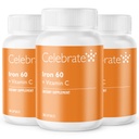 Celebre Vitaminas Suplemento de Ferro com Vitamina C - 60mg Ferro, 60mg Vitamina C, Vitaminas Bariátricas para Pacientes WLS, Mangueira Vertical & Cirurgia Bypass gástrico (90 Cápsulas)