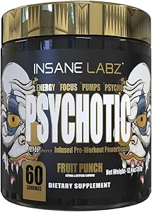 Loucura Labz Psicótico Ouro, alto estimulante pré-treino em pó, Energia Extrema Durante, Bombas e Endurance com Beta Alanine, DMAE Bitartrato, NO Booster (60 Servings, Fruit Punch)