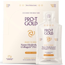 ProT Gold Colágeno Líquido Protein Shot, 17g Clear Protein Nano-Hydrolyzed Grass Fed Colágeno, 2g Arginina para suporte de feridas, Glúten livre, Açúcar livre, 0g carboidratos, Creme laranja, 1 fl oz, 24 Pack