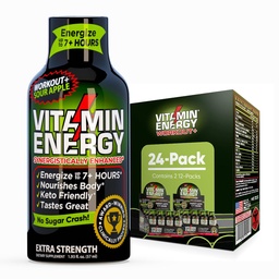 Vitamina Energia Treino+ Força extra Energia Shot Sour Apple 24 Pack, 260mg Cafeína natural, Pré-treino, B-Vitaminas, Minerais, Endurance & Performance, Zero Açúcar, Gluten-Free, Vegan, 1,93 fl oz