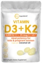 Micro Ingredientes Vitamina D3 1,000 UI + K2 MK-7 25 mcg, 300 Softgels ; Óleo de coco virgem ; 2-em-1 Osso, Imune & Heart Support ; Fácil de engolir, Não-GMO