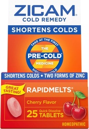 Zicam Cold Remedy Zinc RapidMelts, Cherry Flavor, Homeopático, Medicina de encurtamento frio, Encurta a duração do frio, 25 contagem (Pacote de 2)