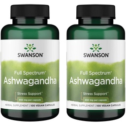 Swanson Ashwagandha Powder Supplement - com Ashwagandha Root para promover alívio de estresse e energia - Suplemento ayurvédico para bem-estar natural (100 cápsulas, 450mg cada) 2 Pack