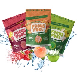 FocusFuel Energy Chews – Tamanho de teste Variety Sample Pack (9 Servings) – 100mg Cafeína + Alpha GPC + L-Theanina + B12, Magnésio – Peach, Apple Verde, Strawberry Limonada Flavors – Sem Acidente ou Jitters