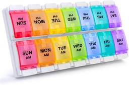 Sukuos AM PM Organizador de comprimidos por semana 2 vezes por dia, caixa grande diária de pílulas 7 dias com fácil design botão de pressão, suporte de medicina destacável para vitamina / óleo de peixe / suplementos (Rainbow)