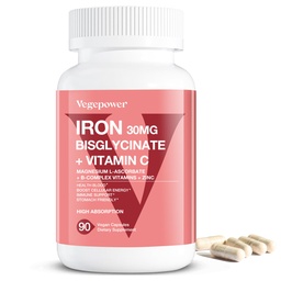 Suplementos de ferro para mulheres homens, Vegan Bisglicinato de ferro 30mg Plus Vitamina C, B12, Ácido Fólico - Comprimidos de ferro para Anemia, Saúde Sangue & Apoio Energético - Gentil, Alta Absorção, Não-GMO - 90 Cápsulas