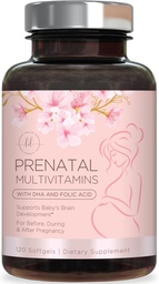 Vitaminas pré-natais para mulheres com ácido fólico & DHA, apoio ao desenvolvimento do cérebro fetal com folato & Omega 3's, multivitamina com vitamina A, C, D, B6, B12 & ferro, suplemento de gravidez - 120 Softgels