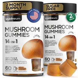 Gummies de cogumelos 5000 Mg 120 Pcs (2 Pack) - Mane Leão e 9 Mistura de cogumelos adaptogênicos - Ashwagandha, L-Theanina - Gummies de cogumelos para energia, imunidade, foco, impulso cerebral - Sem açúcar e OGM