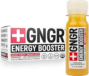 +GNGR Energia Booster & Immunity Shot, fotos de gengibre com pressão fria com Leões Mane, 75mg de chá verde natural de cafeína, raiz túrmica, vitamina D & Zinco para todo o suporte imune natural (2 Oz, pacote de 12)