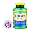 Genéricos Spring Valley Cálcio 600 mg, Suplemento dietético, Saúde Óssea Cálcio + Inclui adesivo Dri Store (100)
