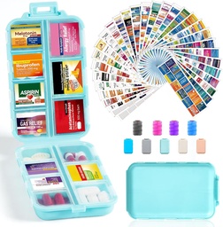 14 Grids caixa de organizador de pílulas de viagem com 415-Pcs medicina Nome Etiquetas - Pocket Daily Pharmacy Case Kit de recipiente - Dispensador Titular de medicamentos de viagem para armazenamento de suplemento de vitamina de óleo de peixe - Sky Blue