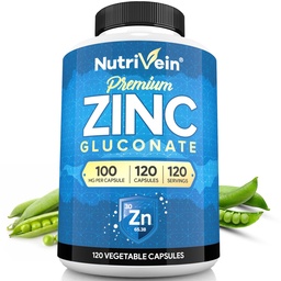 Nutrivein Premium Zinc Gluconato 100mg - 120 Cápsulas: Suplementos de Gluconato de Zinco de Alta Absorção para Bem-Estar Inteiro - Elementos Essenciais para Bem-Estar