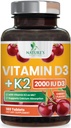 Vitamina D 2000 UI 50mcg Por Comprimido - Vitaminas D3 & K2 (MK7) Suplemento Complexo para Osso, Dentes, Músculo, Absorção de Cálcio, Suporta Imune & Saúde do Coração, Fórmula Mastigável EUA engarrafado - 180 Comprimidos