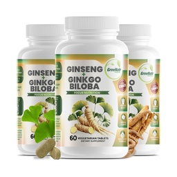 GreeNatr Ginko Biloba & Panax Ginseng Supplement - Red Ginseng Brain Supplement for Memory and Focus - Ginkgo Biloba Supplements for Good Vision, Immune System and Immuned Blood Flow - 3 Garrafas