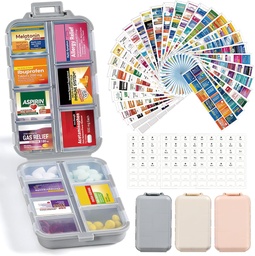 3 Pack 14 Grids caixa organizador de pílulas de viagem com 415-Pcs Medicina Nome Etiquetas - Pocket Daily Pharmacy Case Container Kit - Dispensador Titular de medicamentos de viagem para armazenamento de suplemento de vitamina de óleo de peixe