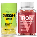 Vegan Pastilhas de ferro + Vegan Omega-3 Suporte de suplemento de ferro Sangue saudável e energia diária para adultos e crianças